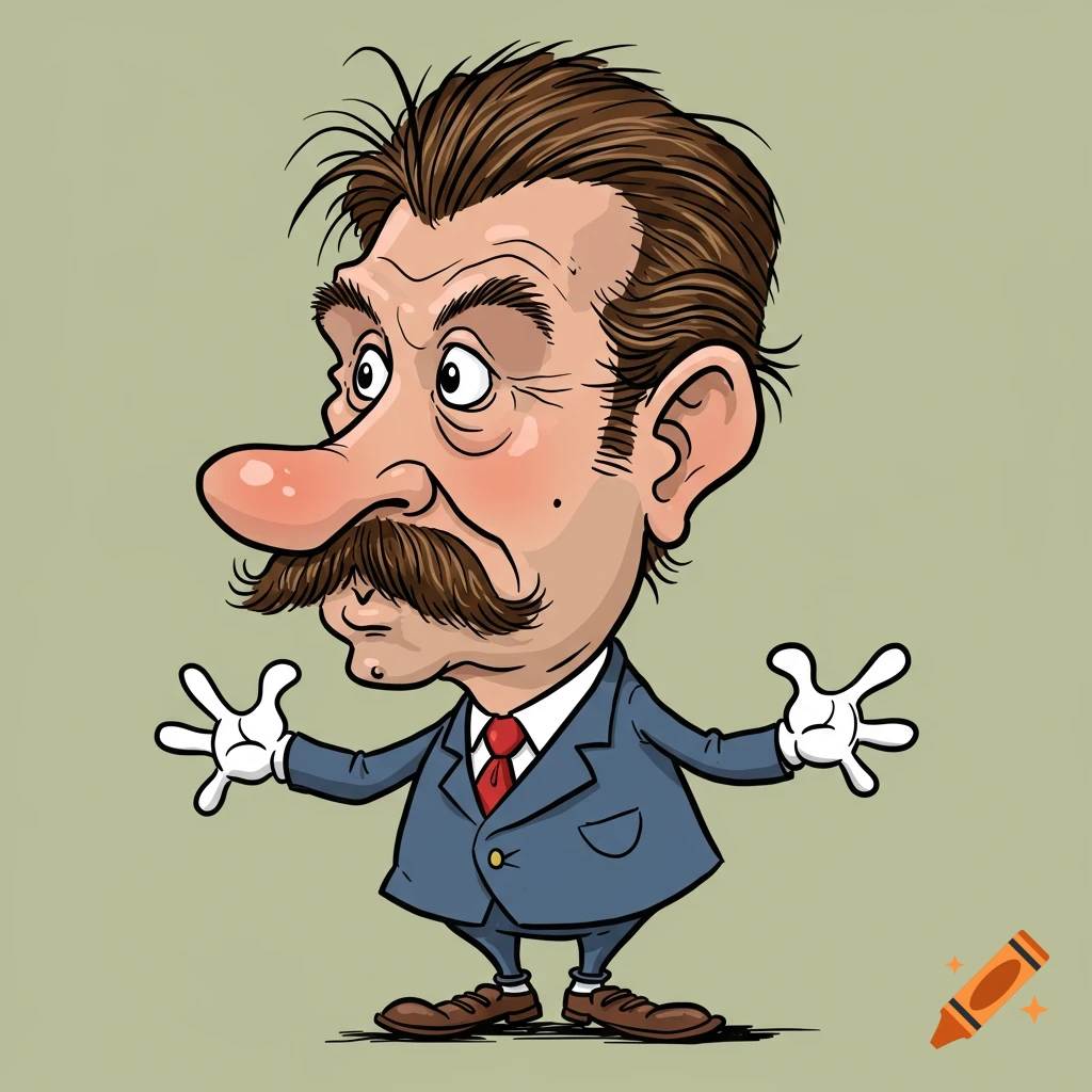 Caricature of a man with a large nose and mustache wearing a suit