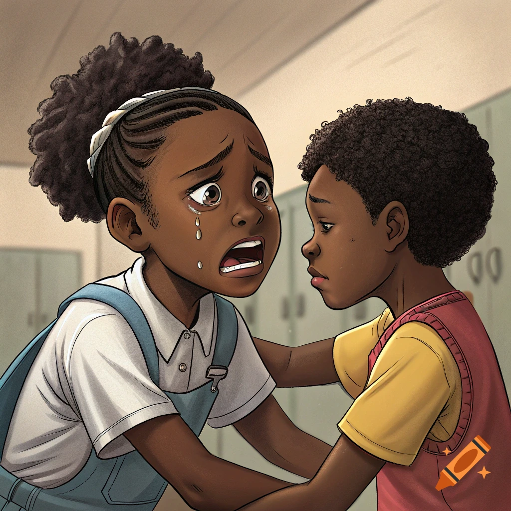 Illustration of a crying black girl being comforted by another black girl in a school hallway.