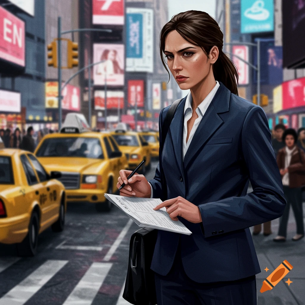 A serious woman in a suit holding paper and pen on a busy city street with yellow taxis.