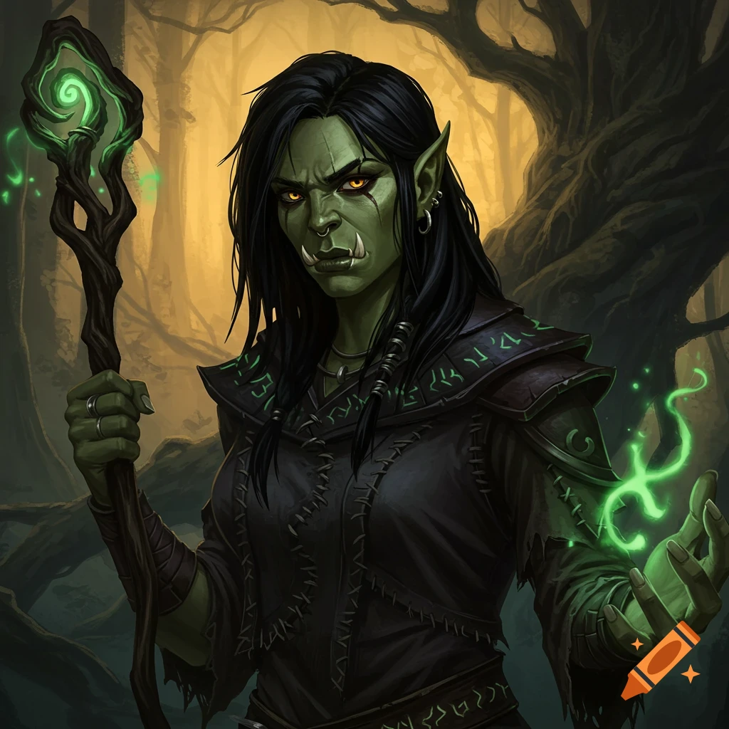 A female orc witch with black hair and amber eyes, holding a glowing staff and casting a spell in a forest.