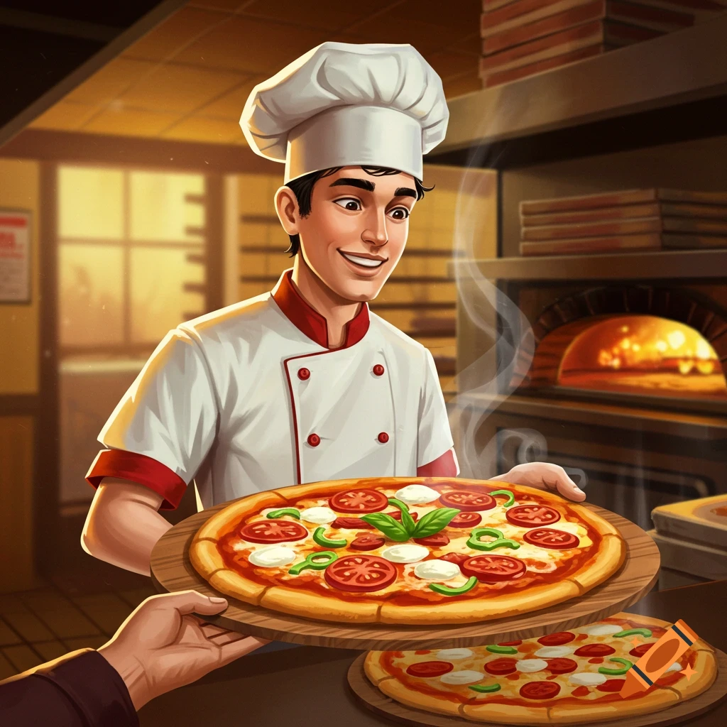A smiling chef is serving a pizza in a kitchen with a pizza oven.