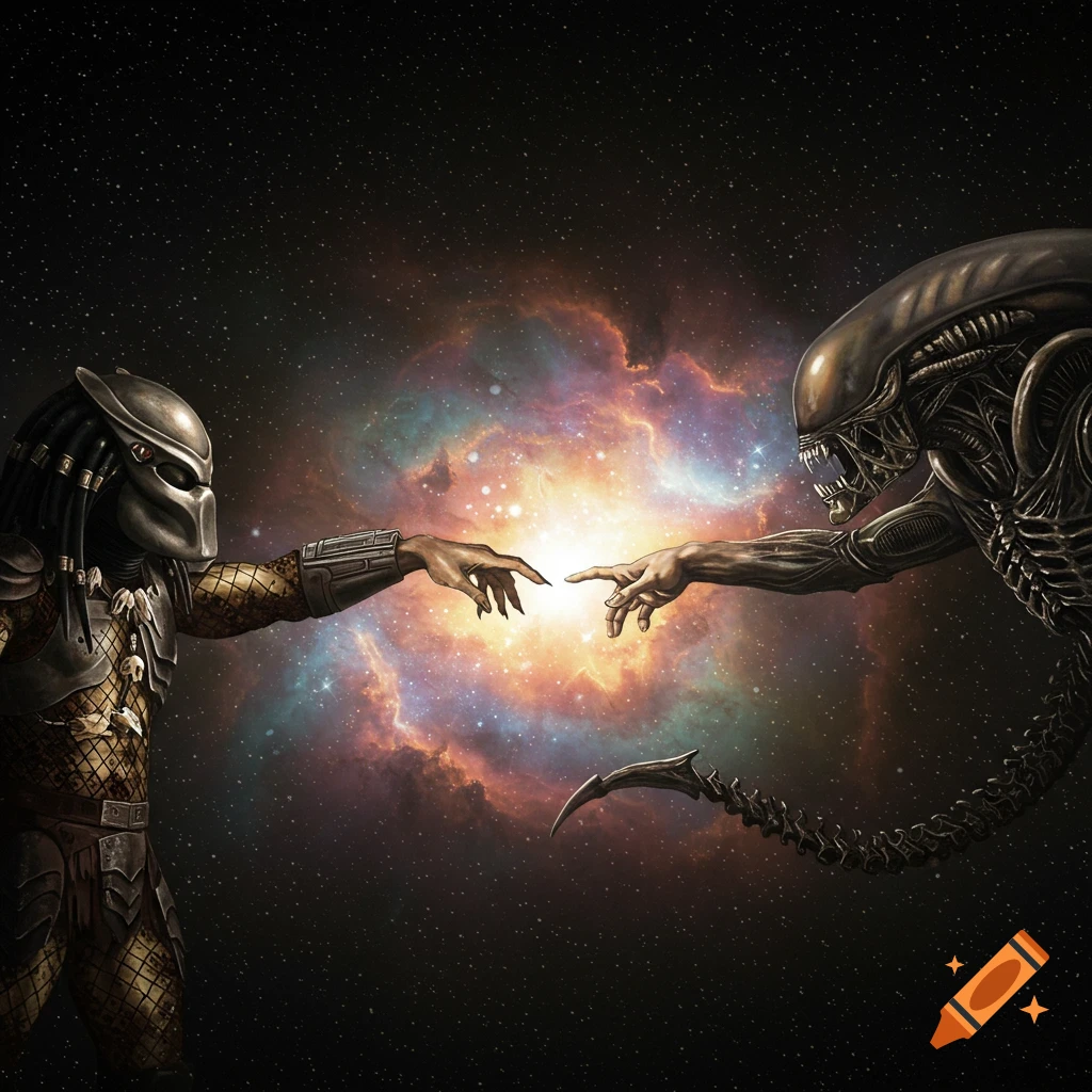 The Creation of Adam painting featuring a Predator and Alien reaching hands in space.