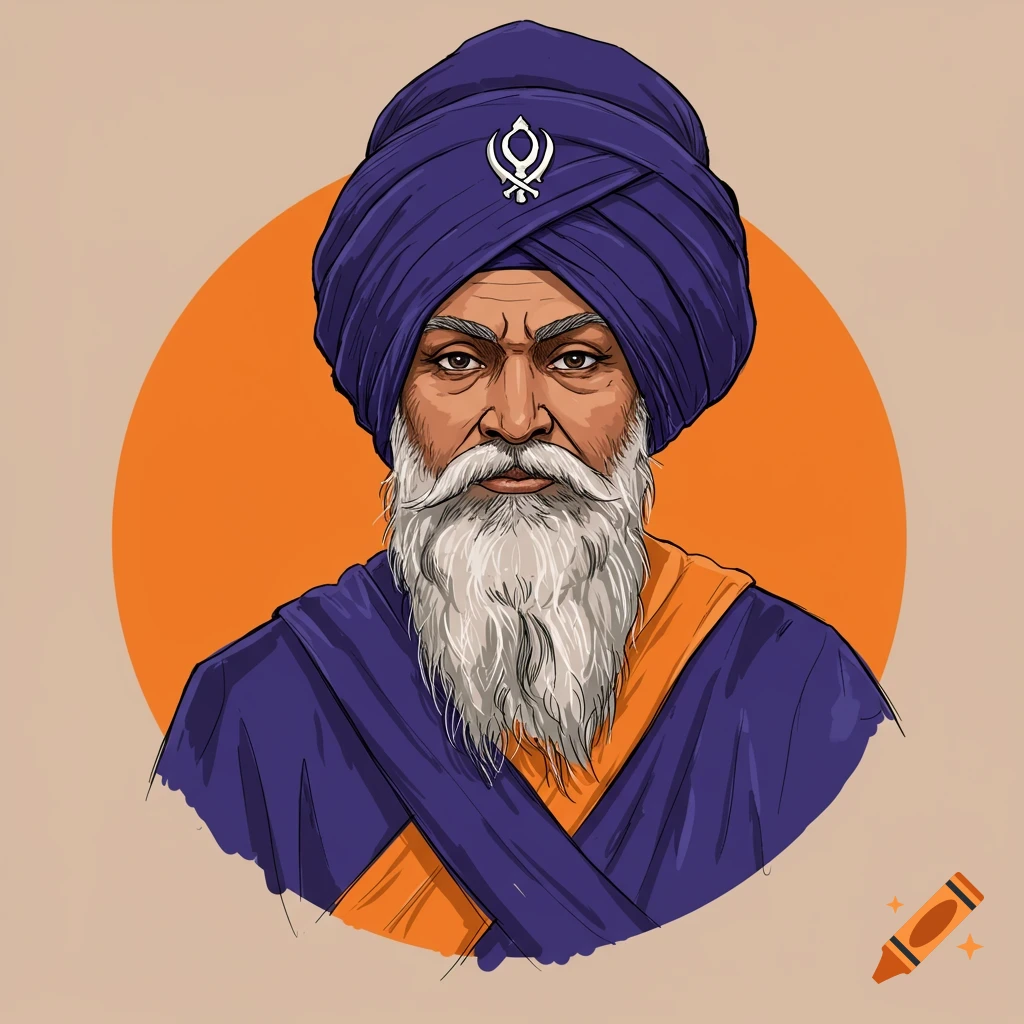A portrait of a Sikh man with a blue turban and white beard, with a Khanda symbol on the turban, against an orange circle background.