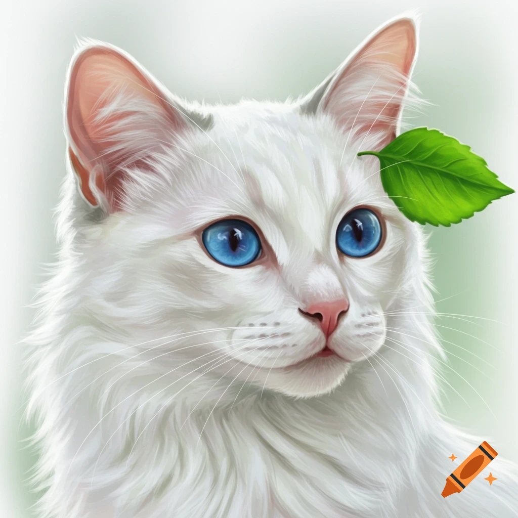 A white cat with bright blue eyes and a green leaf on its head.