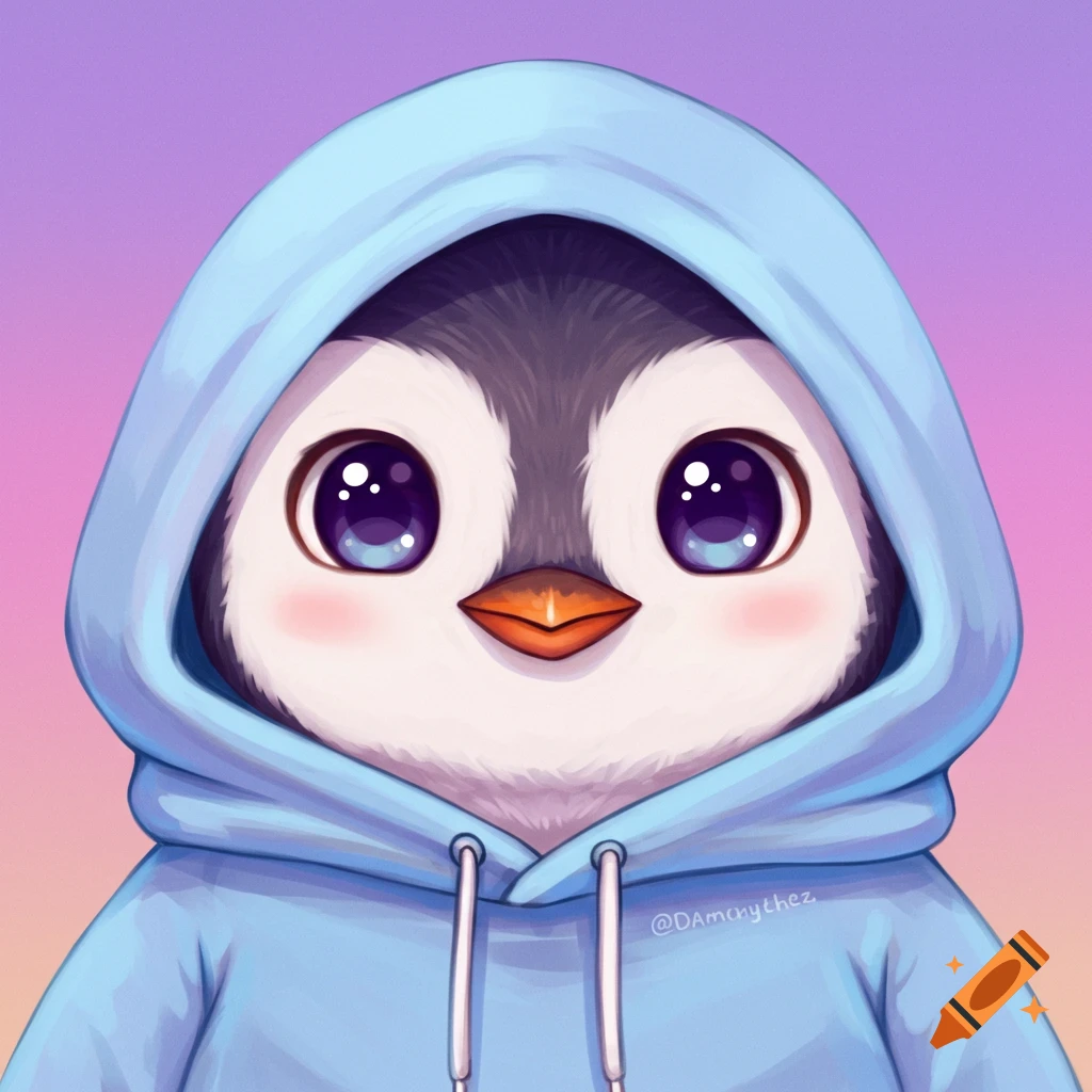 A cute anime penguin wears a light blue hoodie on a pastel gradient background.