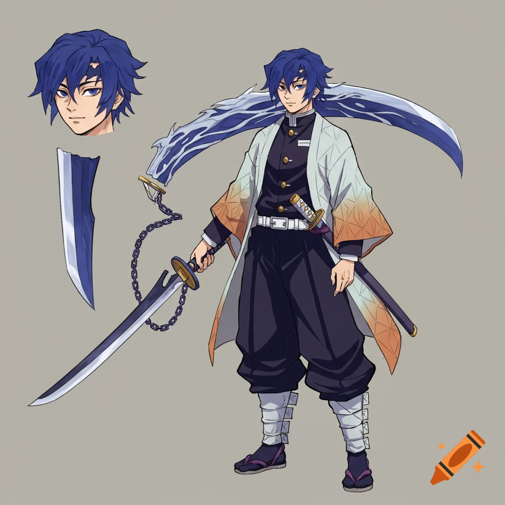 Anime character concept art: blue-haired person in Demon Slayer style attire holding a chained sword.