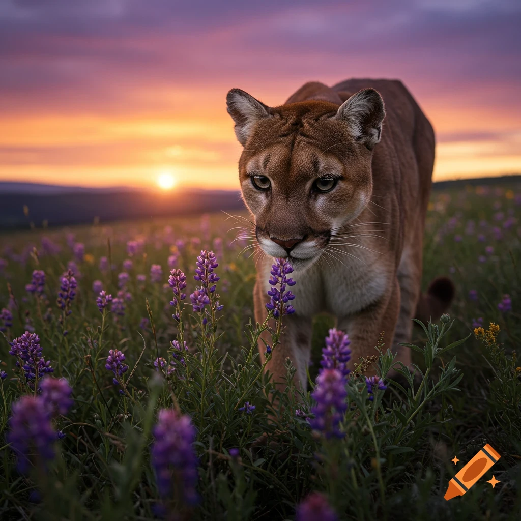 Cougar sniffing purple flowers in a field at sunset