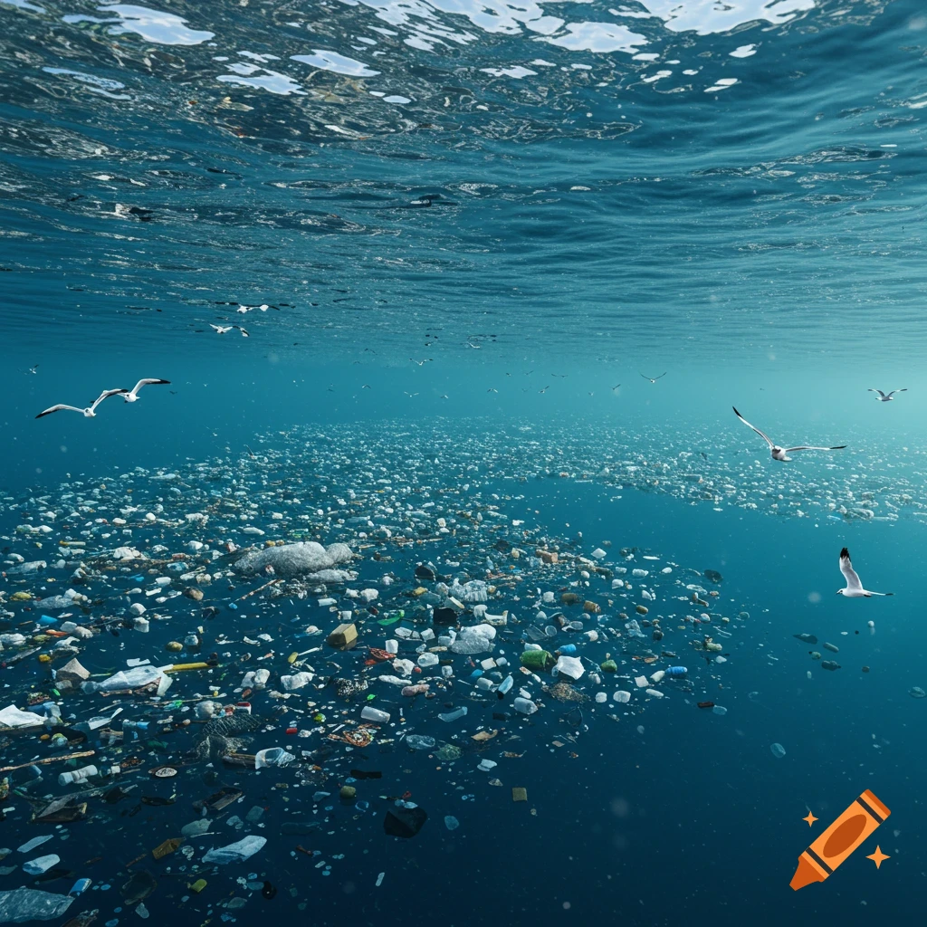 Plastic and trash pollution floating on the surface of a deep blue ocean, viewed from underwater, with seagulls flying above.