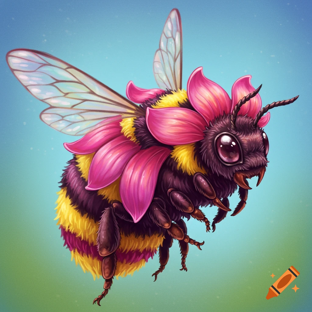 A fantasy creature, a bumblebee with a body made of pink flower petals
