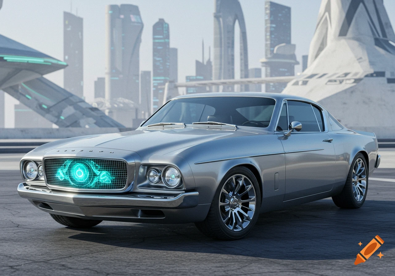 A silver futuristic coupe is parked on a road in front of tall, modern buildings.