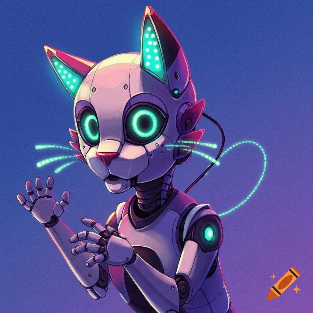 A white robot cat with glowing green eyes and ears, reaching out its hands on a blue and purple background.