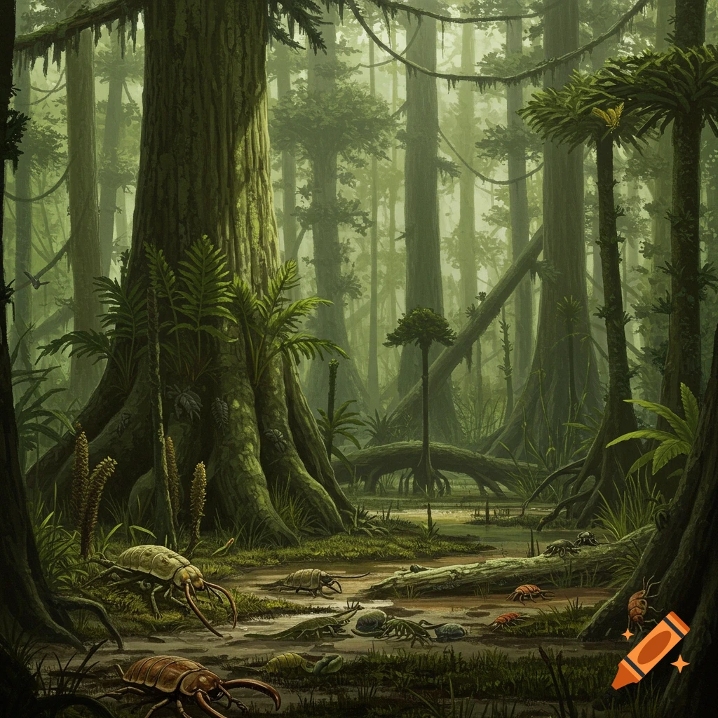 A dense prehistoric forest swamp with large insects on the ground.