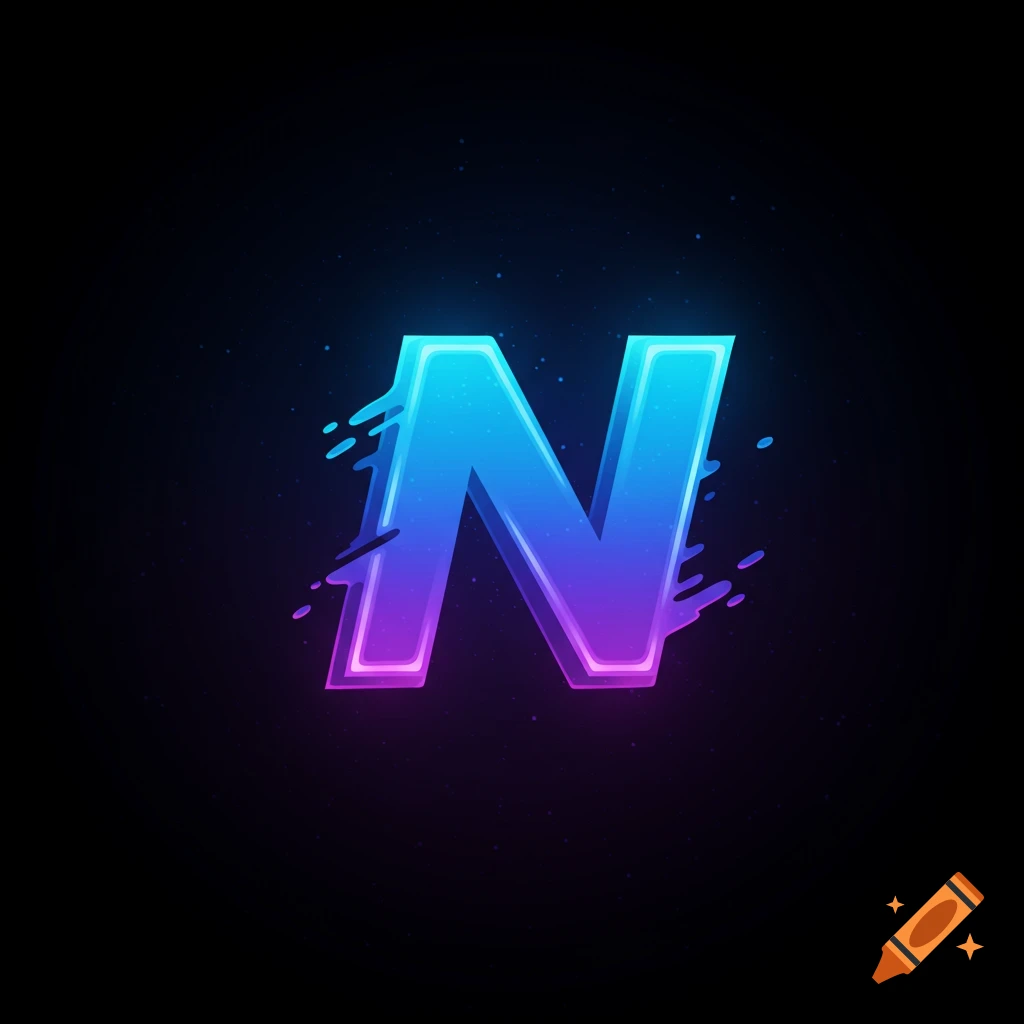 A stylized letter N in blue and purple neon colors on a black background.