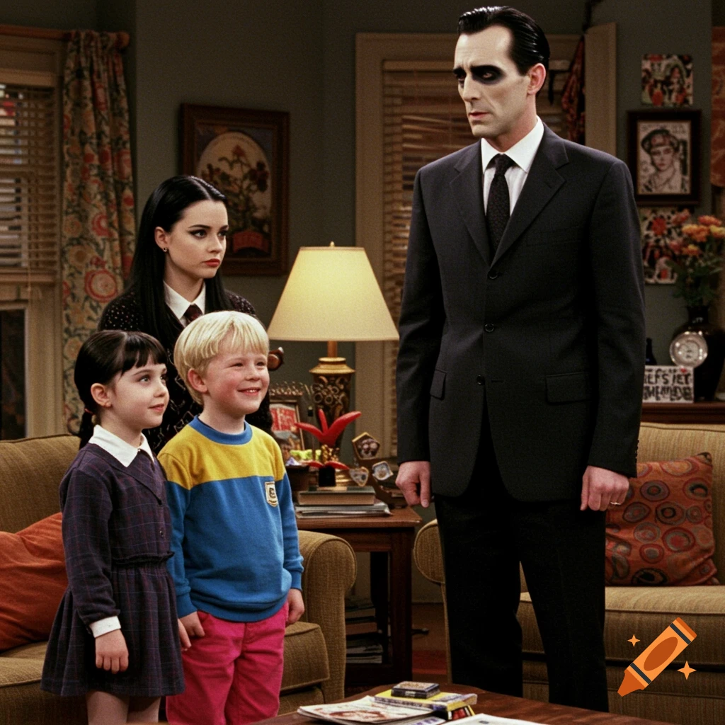 A man with dark makeup and suit stands with a woman and two children in a living room.