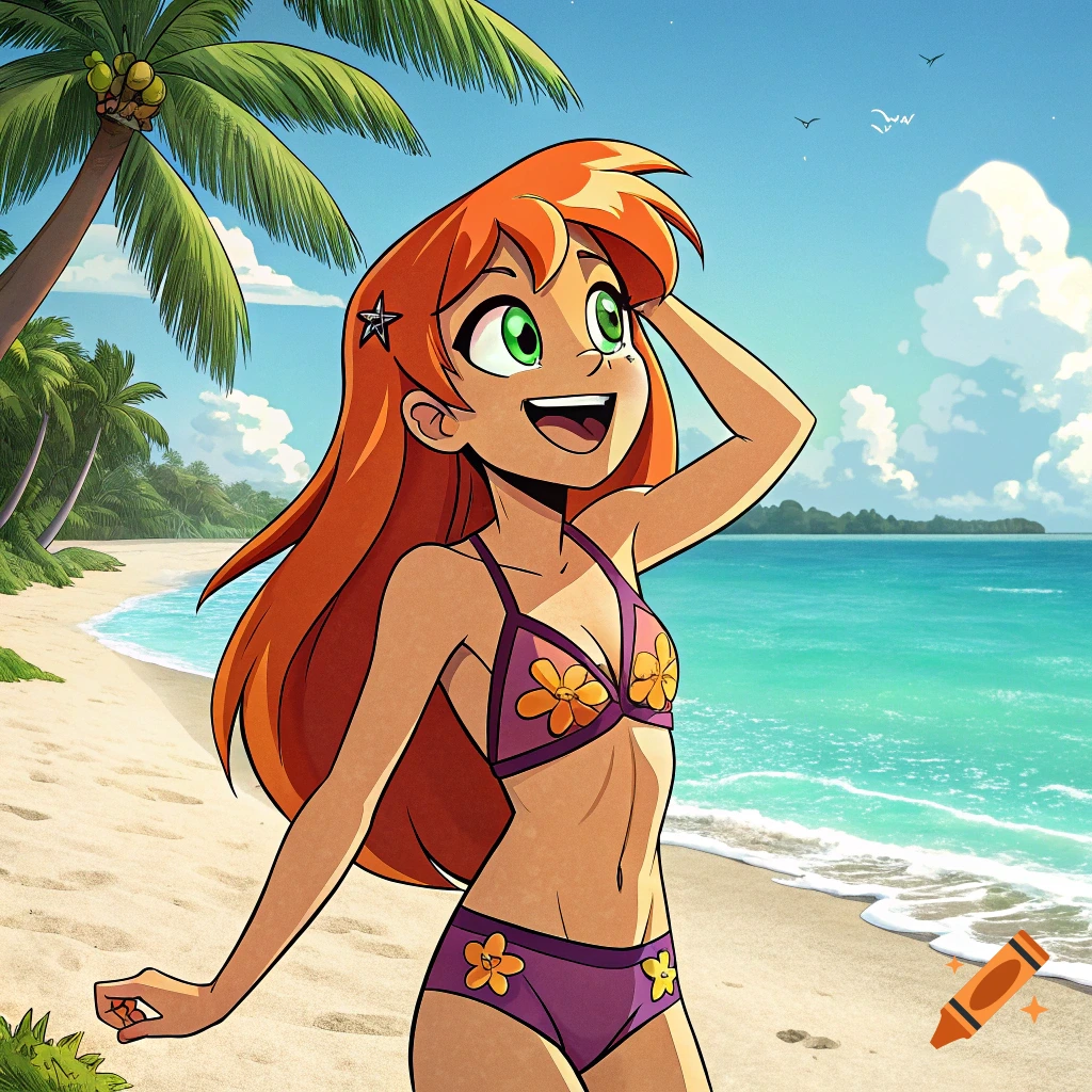 Cartoon character with orange hair and green eyes in a purple bikini with flowers stands on a sunny beach.