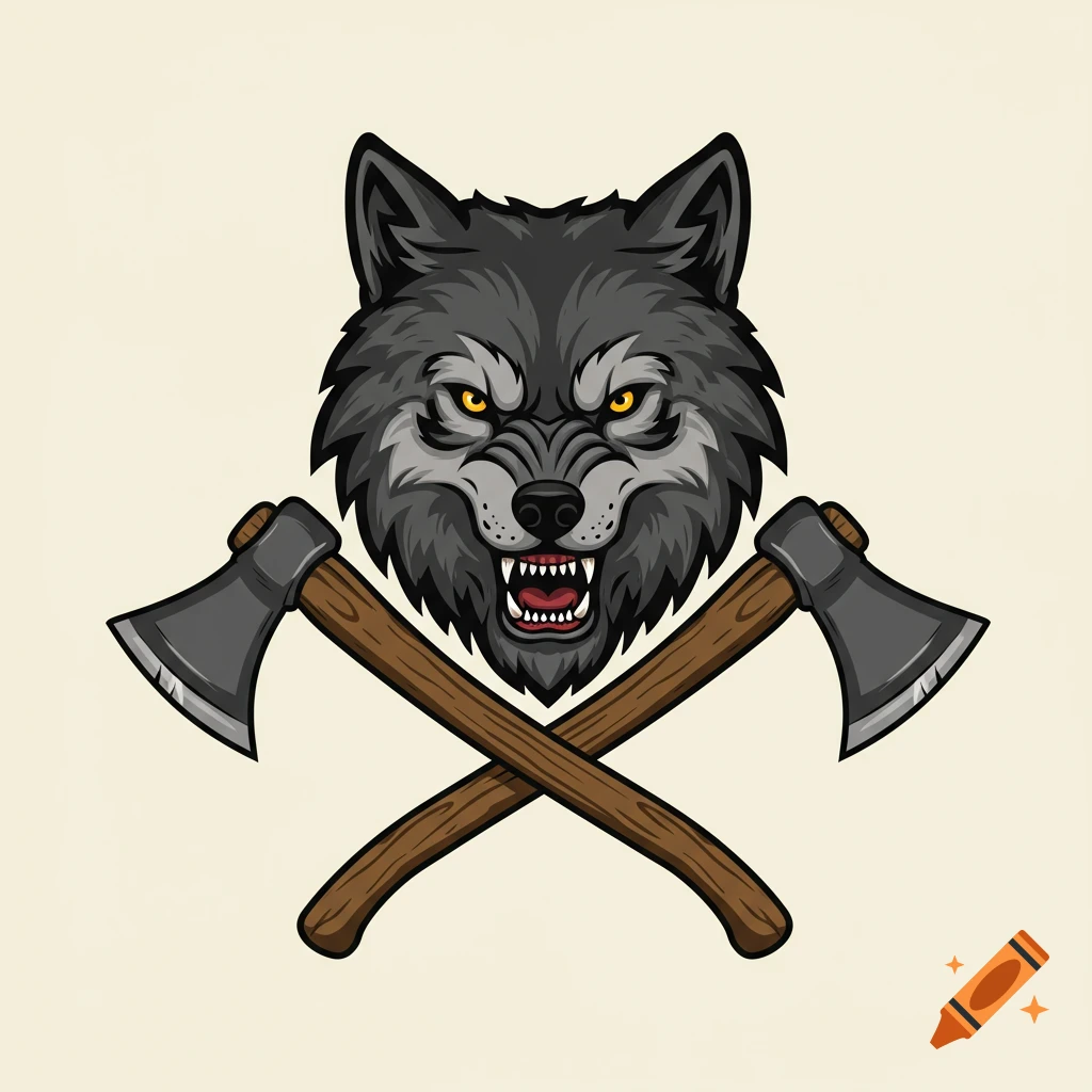 Illustration of a snarling gray wolf head with crossed axes behind it.