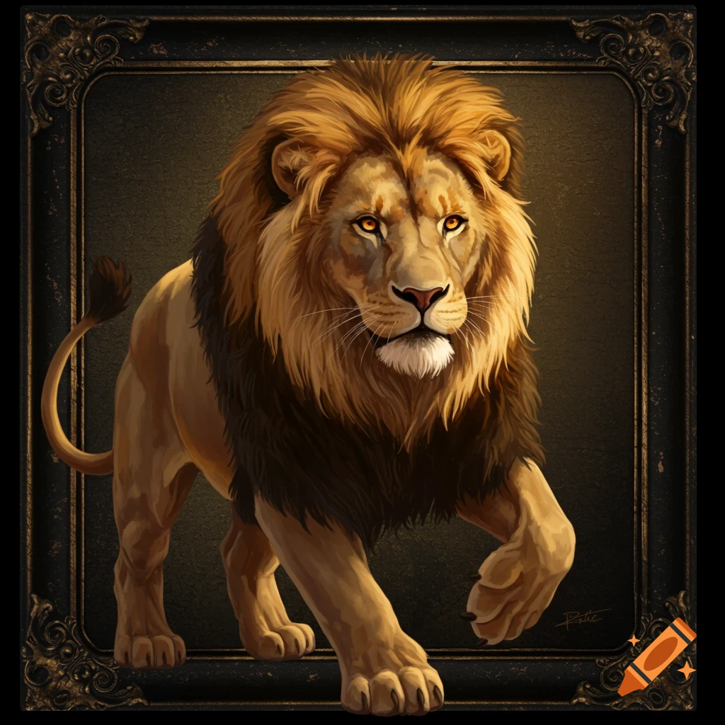 A majestic lion stands within an ornate frame.