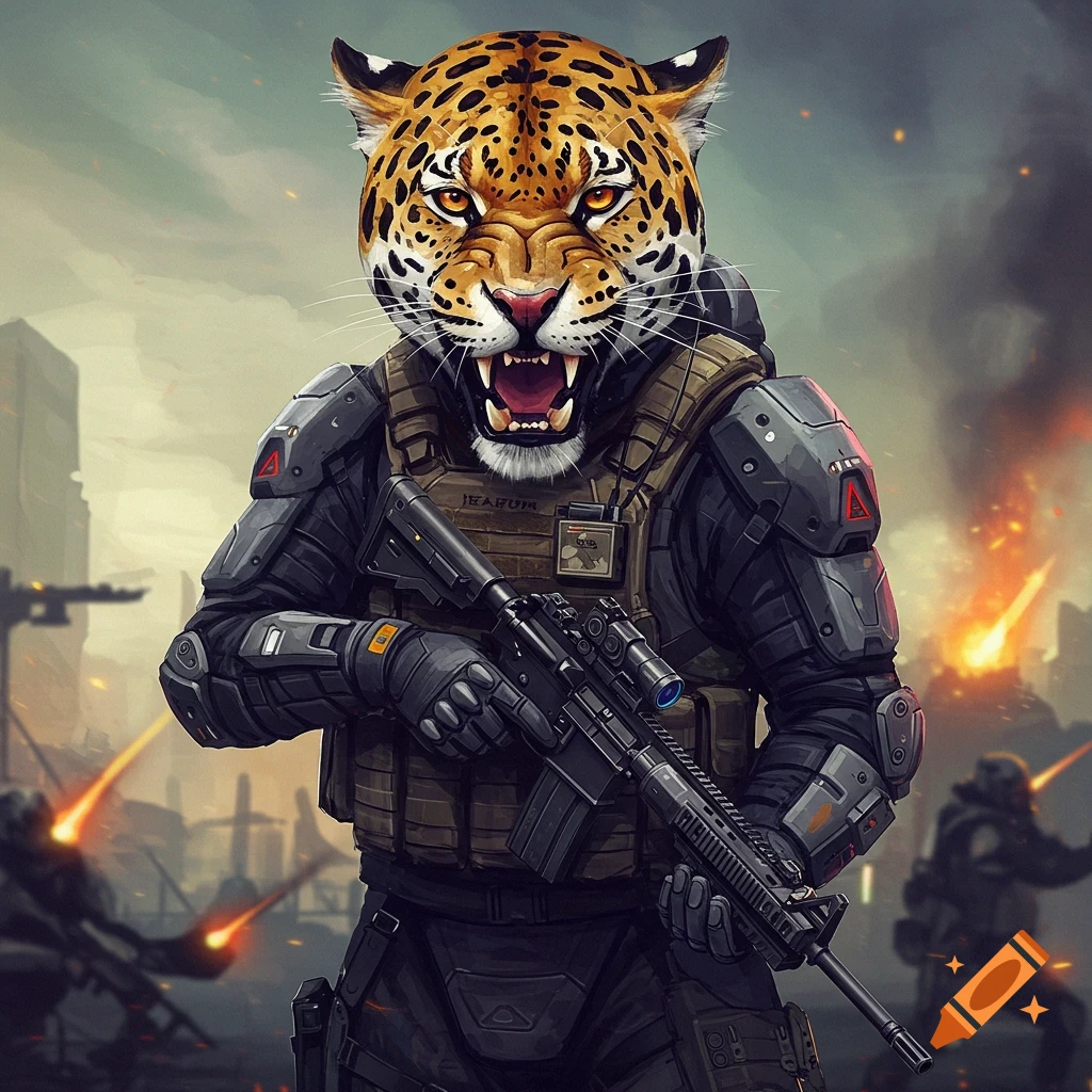 A jaguar-headed soldier holding a rifle in a warzone.