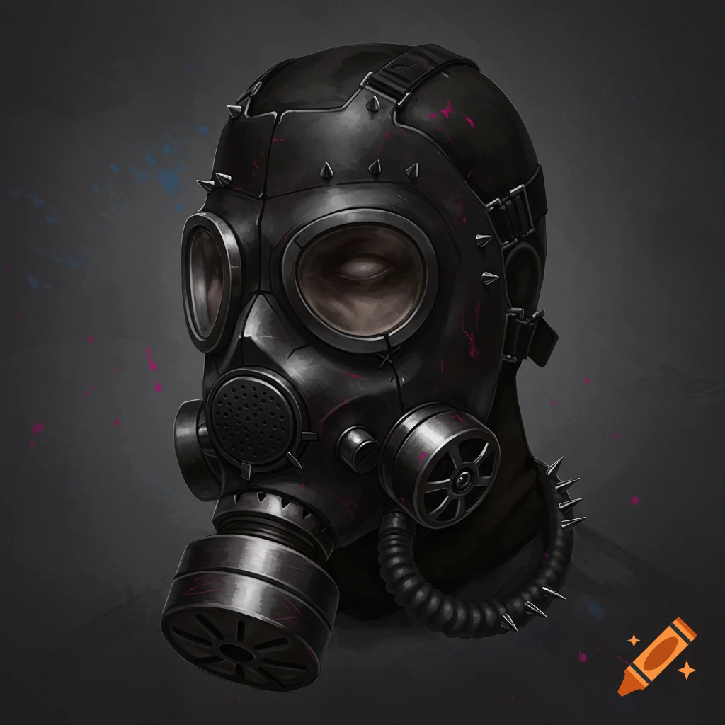 A black spiked military gas mask with pink and blue paint splatters