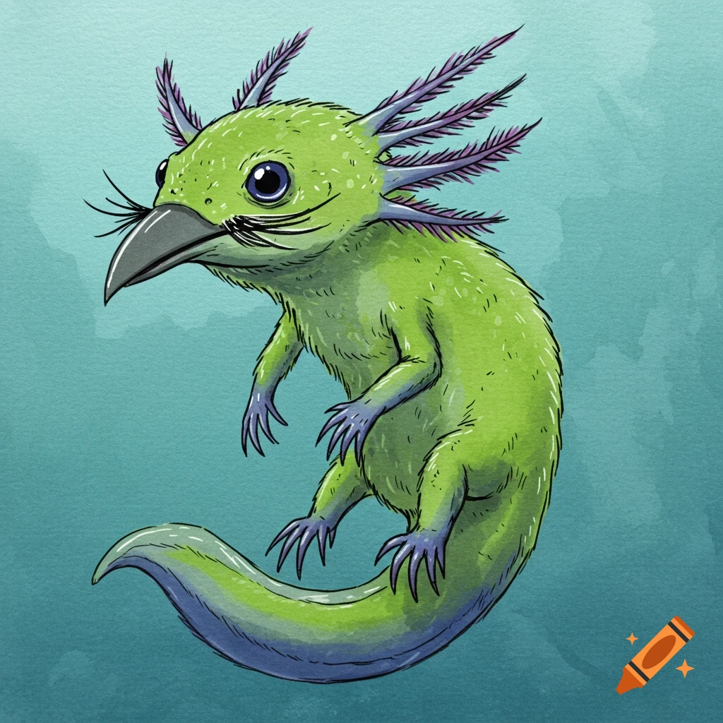 Watercolor illustration of a green furry creature with a beak and gills against a blue background.