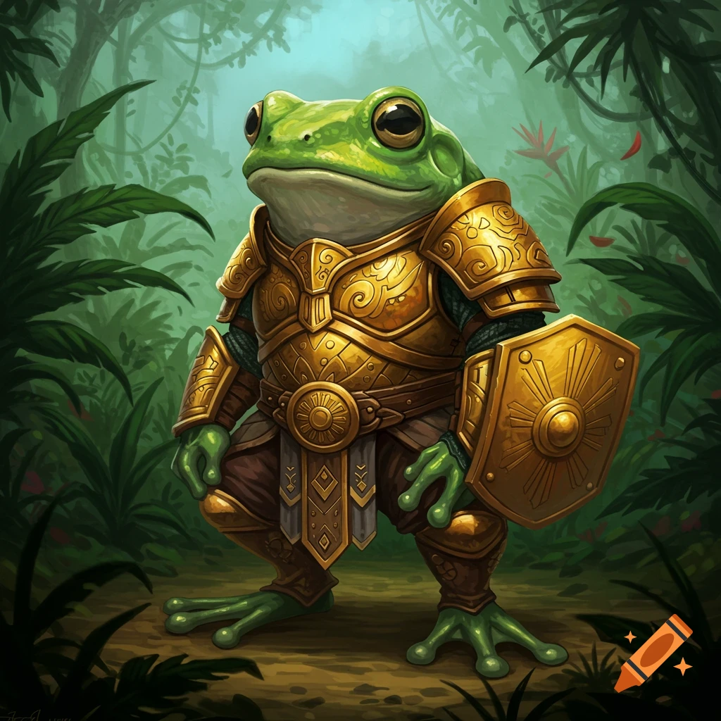 A frog in golden fantasy armor and shield in a jungle.