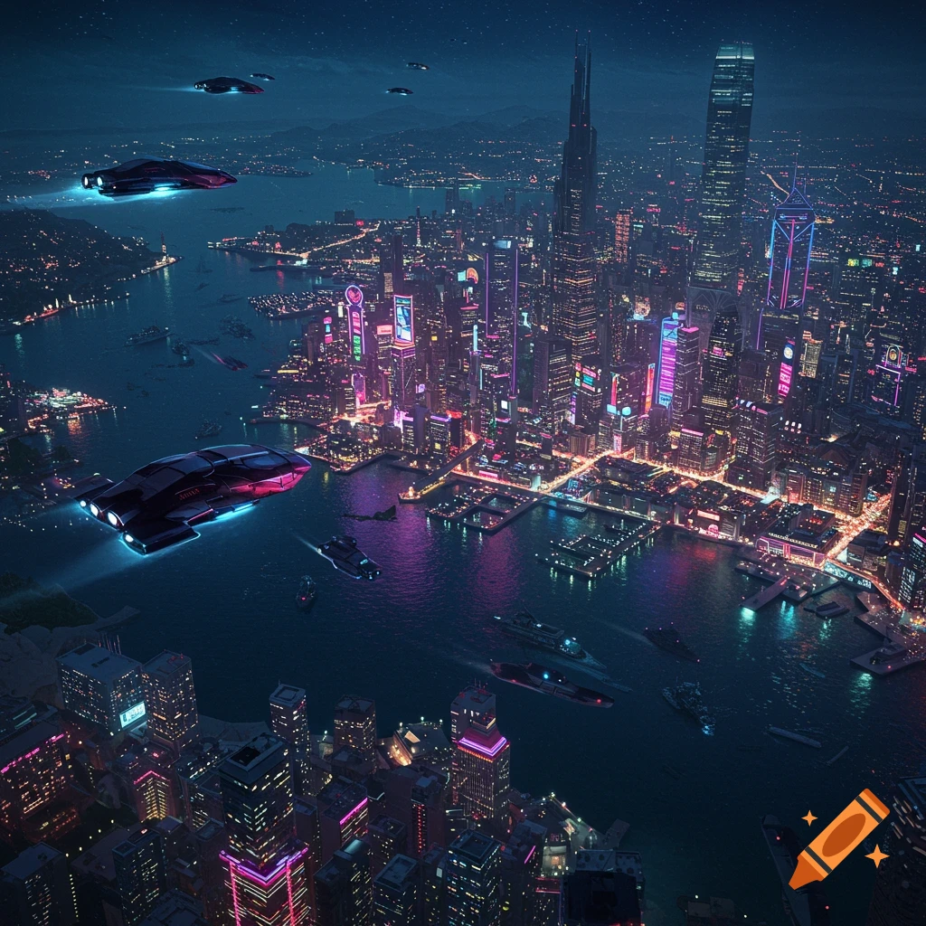 Aerial view of a futuristic bay city at night with neon lights and flying ships.