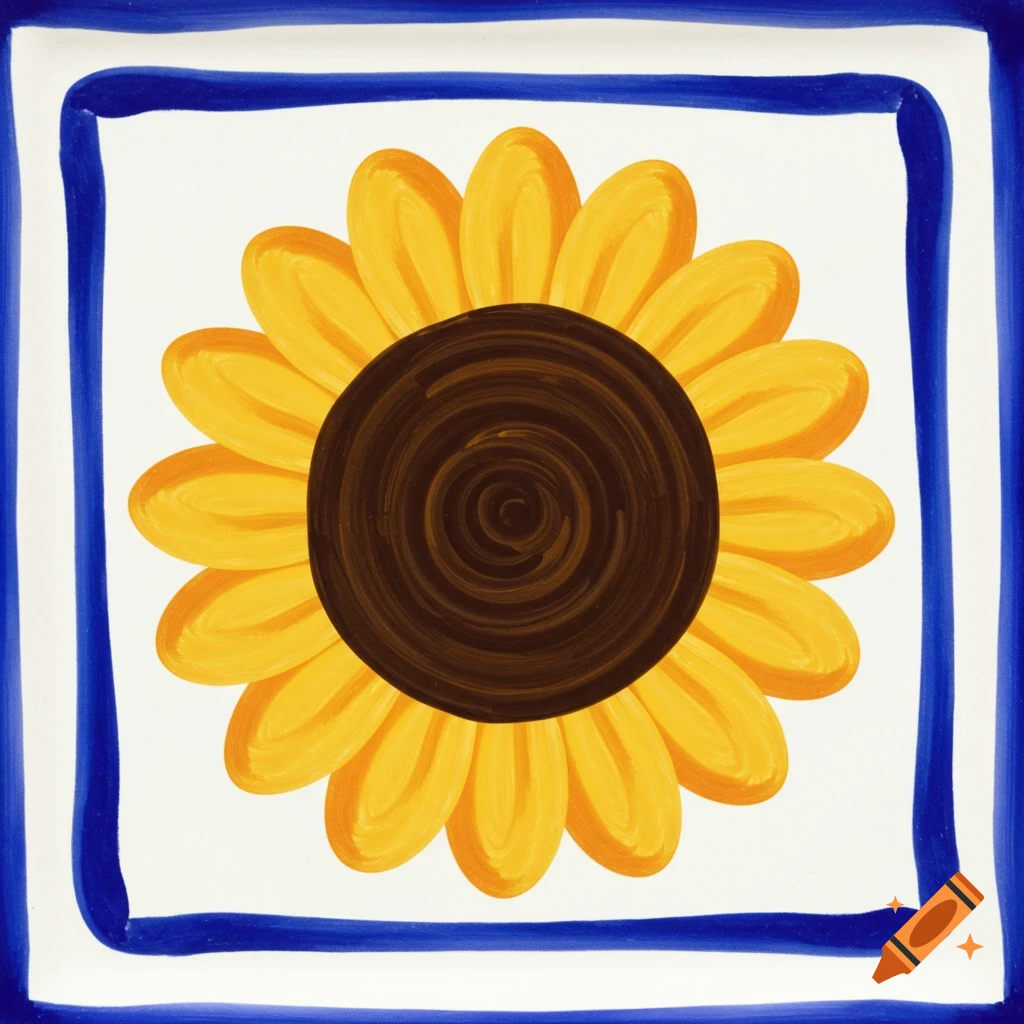 A simple golden sunflower painted on a white background with a thick blue border, in a Talavera style.