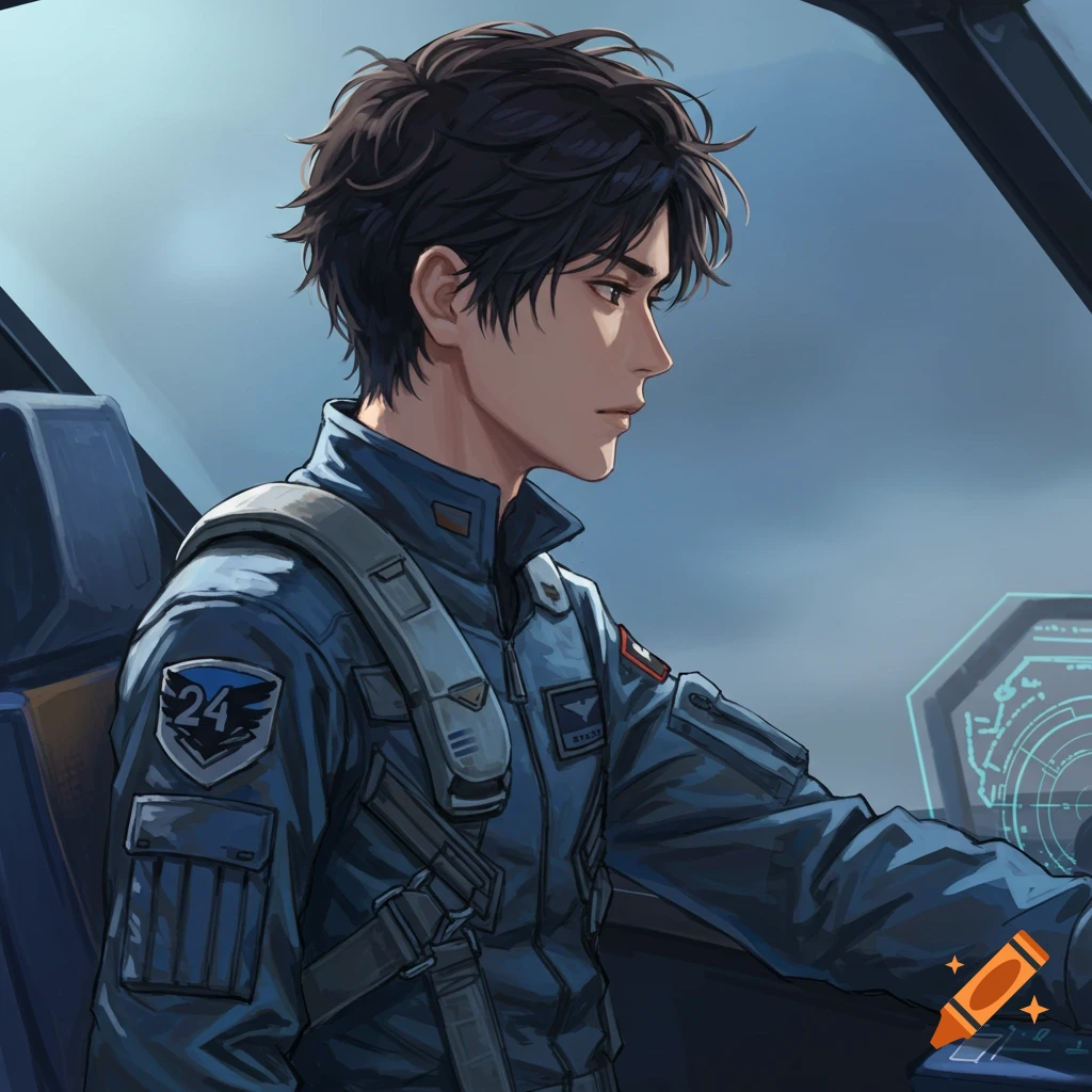 An anime-style illustration of a young man in a pilot jumpsuit sitting in a cockpit, looking to the side.