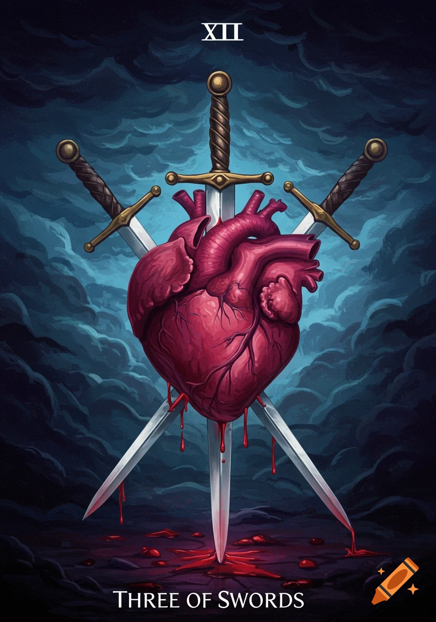 A red heart is impaled by three swords against a stormy sky, with blood dripping onto the ground. Text reads 'XII' and 'THREE OF SWORDS'.