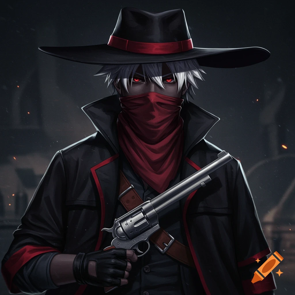 Anime outlaw with red eyes, white hair, bandana, hat, duster, and revolver