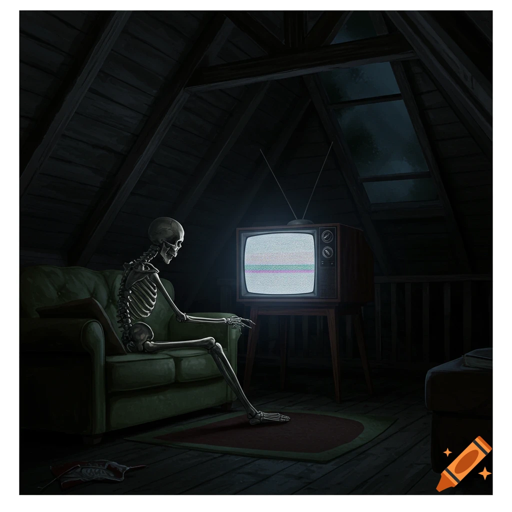 A skeleton sits on a couch in a dark attic watching static on an old television screen.