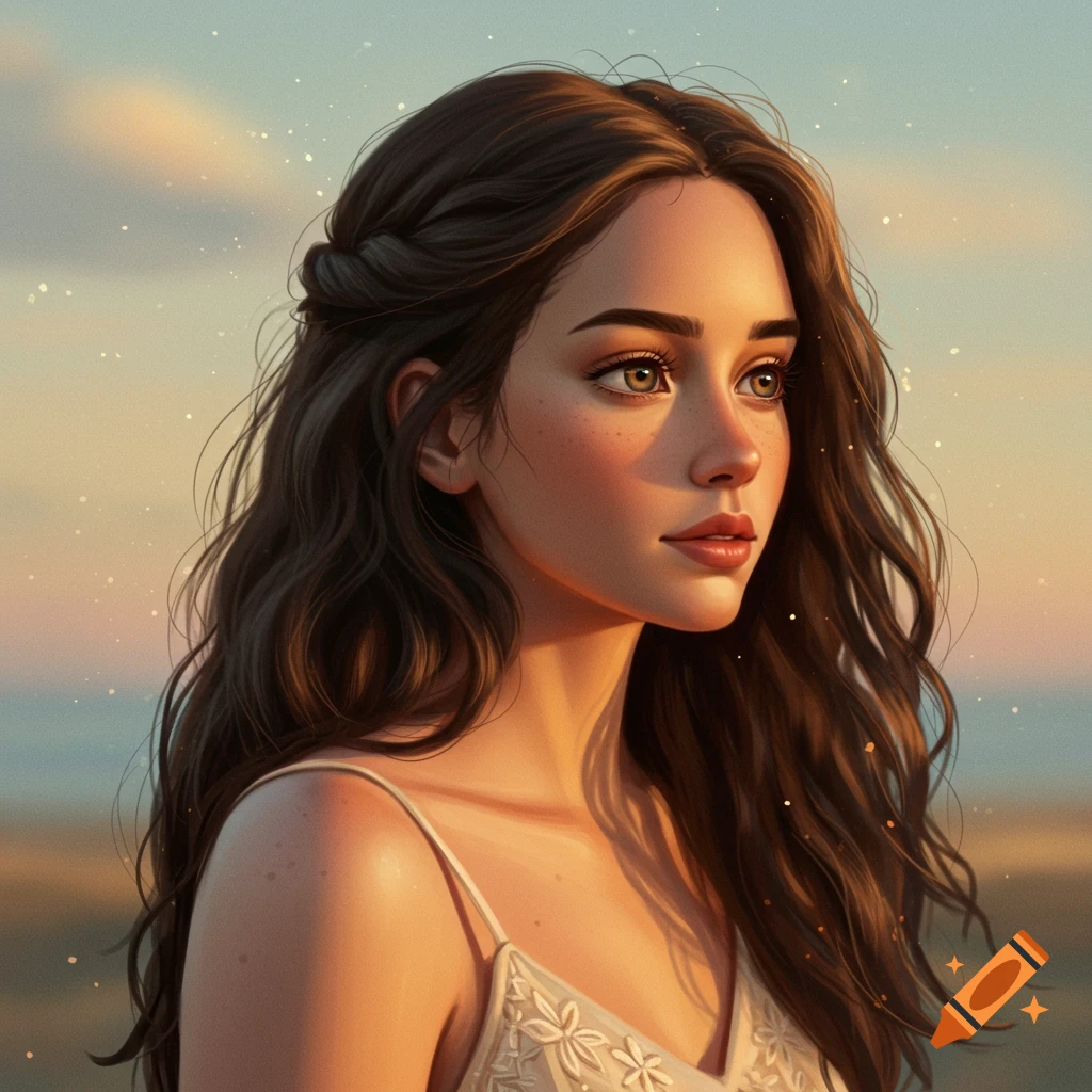 A young woman with long brown hair looking away