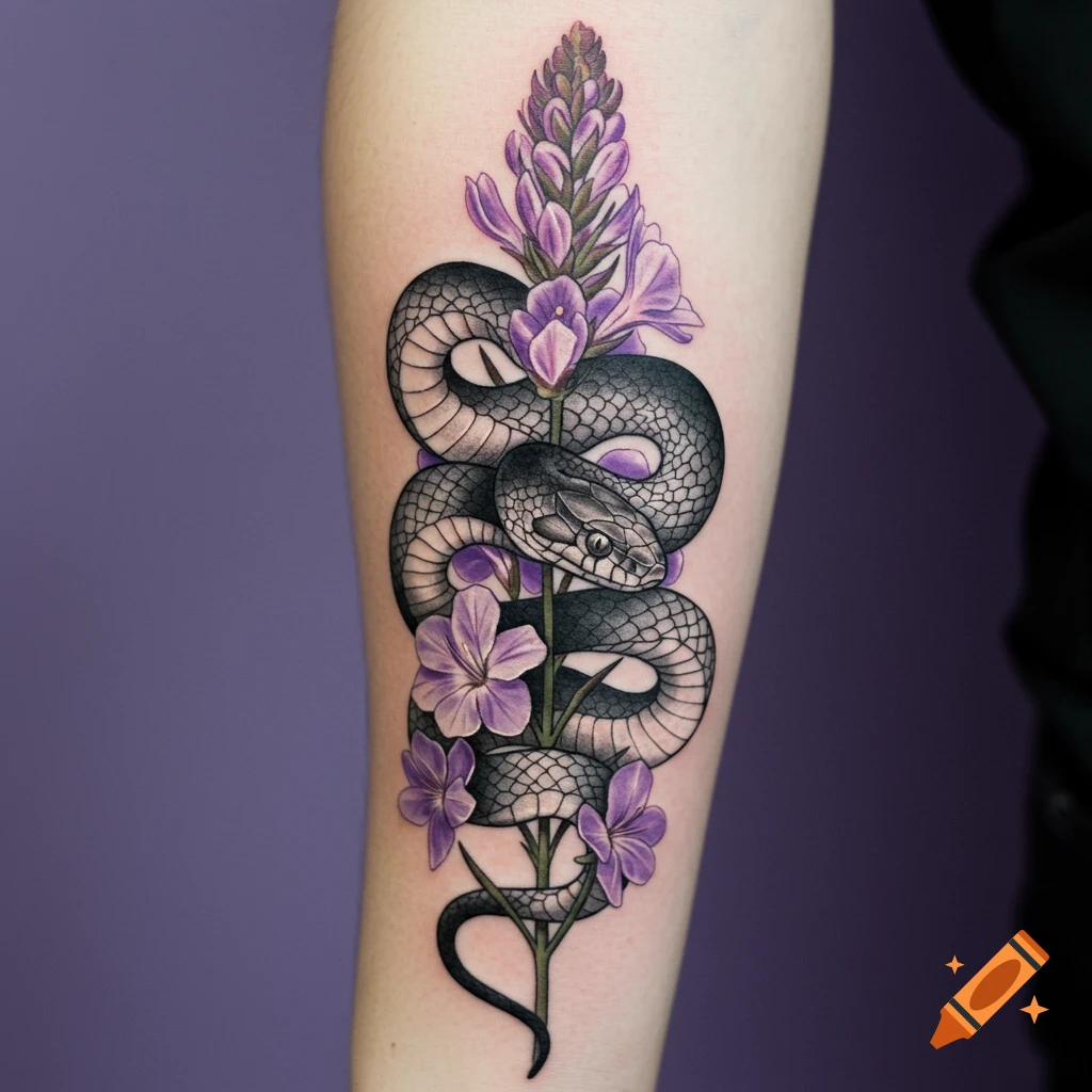 Realistic tattoo of a black snake coiled around purple flowers on an arm