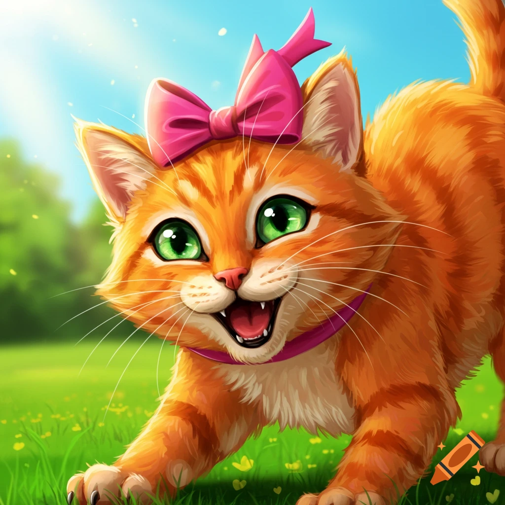 A cartoon orange cat with a pink bow stands in a field.