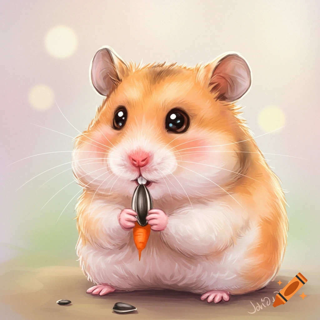 A cute hamster eating a seed and a carrot tip