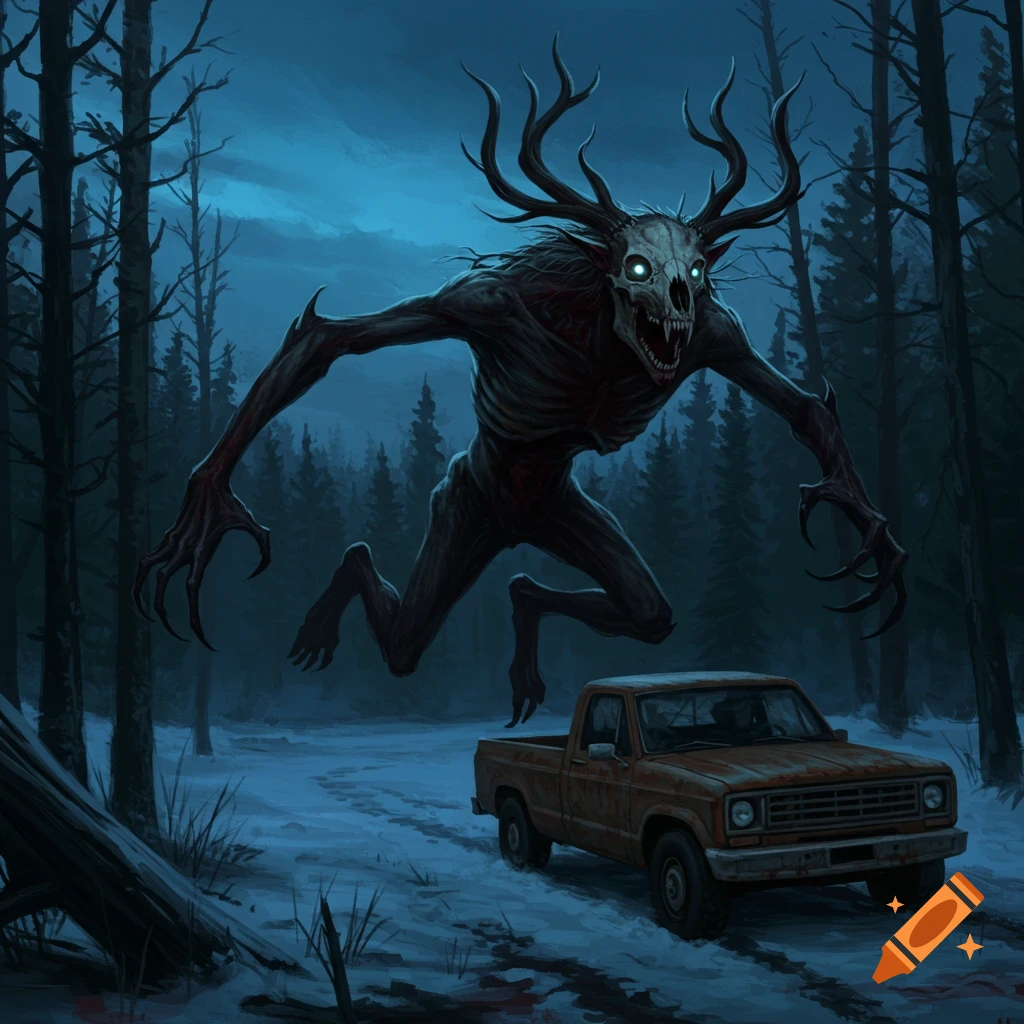 A terrifying creature with a skull head and antlers runs after a truck in a snowy forest.