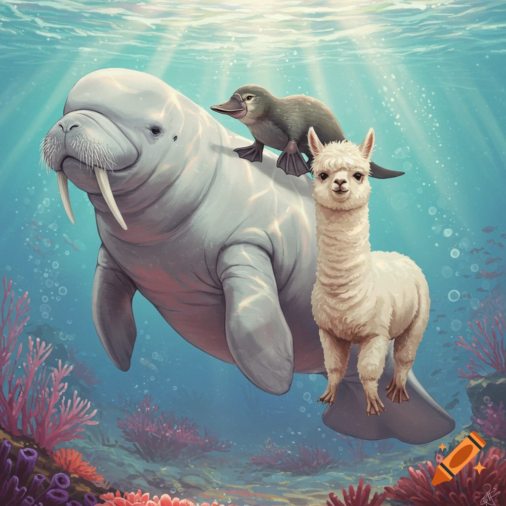 A manatee-walrus hybrid swimming underwater with a platypus on its back and an alpaca standing next to it.