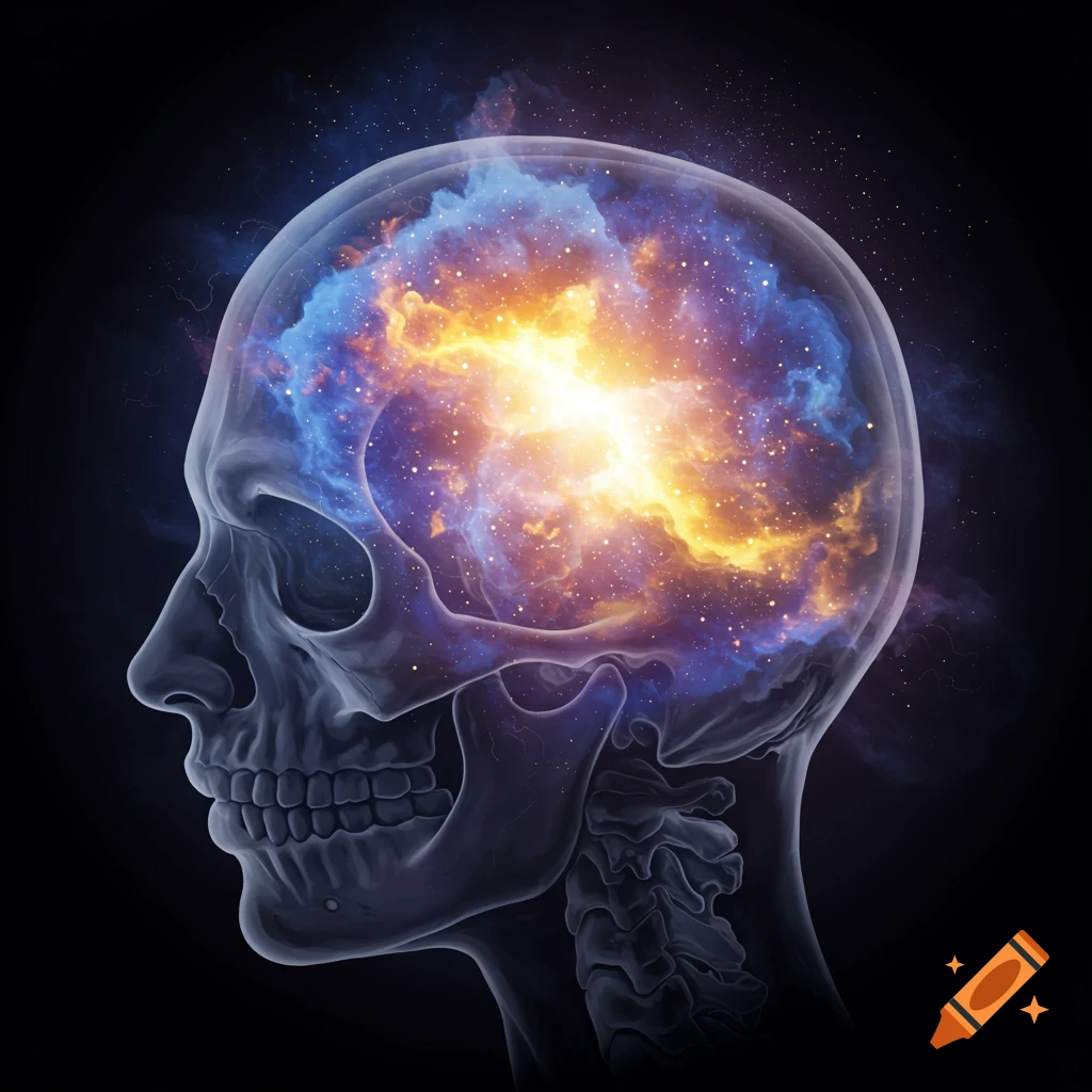 Profile of a transparent skull filled with a vibrant galaxy of stars and nebulae, digital art.