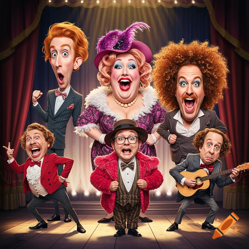 Exaggerated caricature of a diverse group of comedic performers on a theatrical stage.