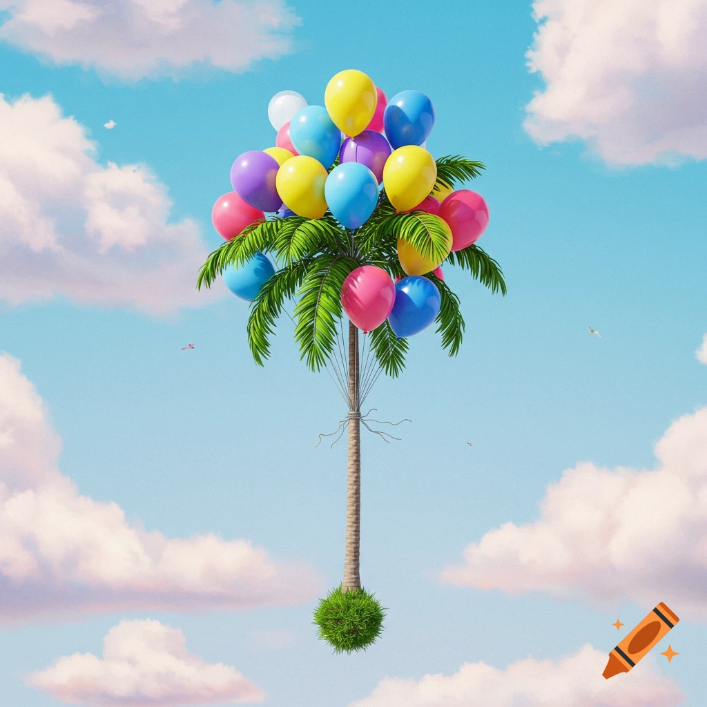 A palm tree floats in a blue sky, lifted by many colorful balloons tied to its trunk.
