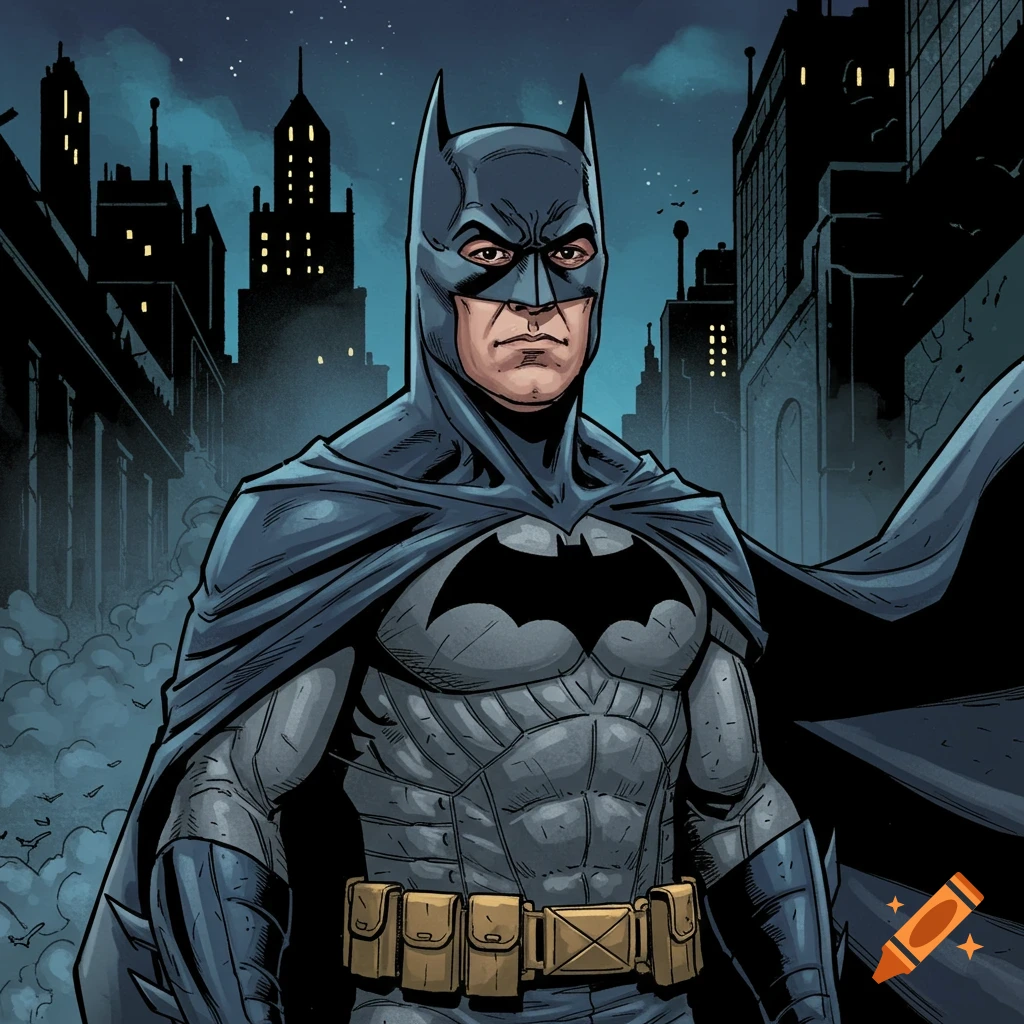Batman standing in a city at night.