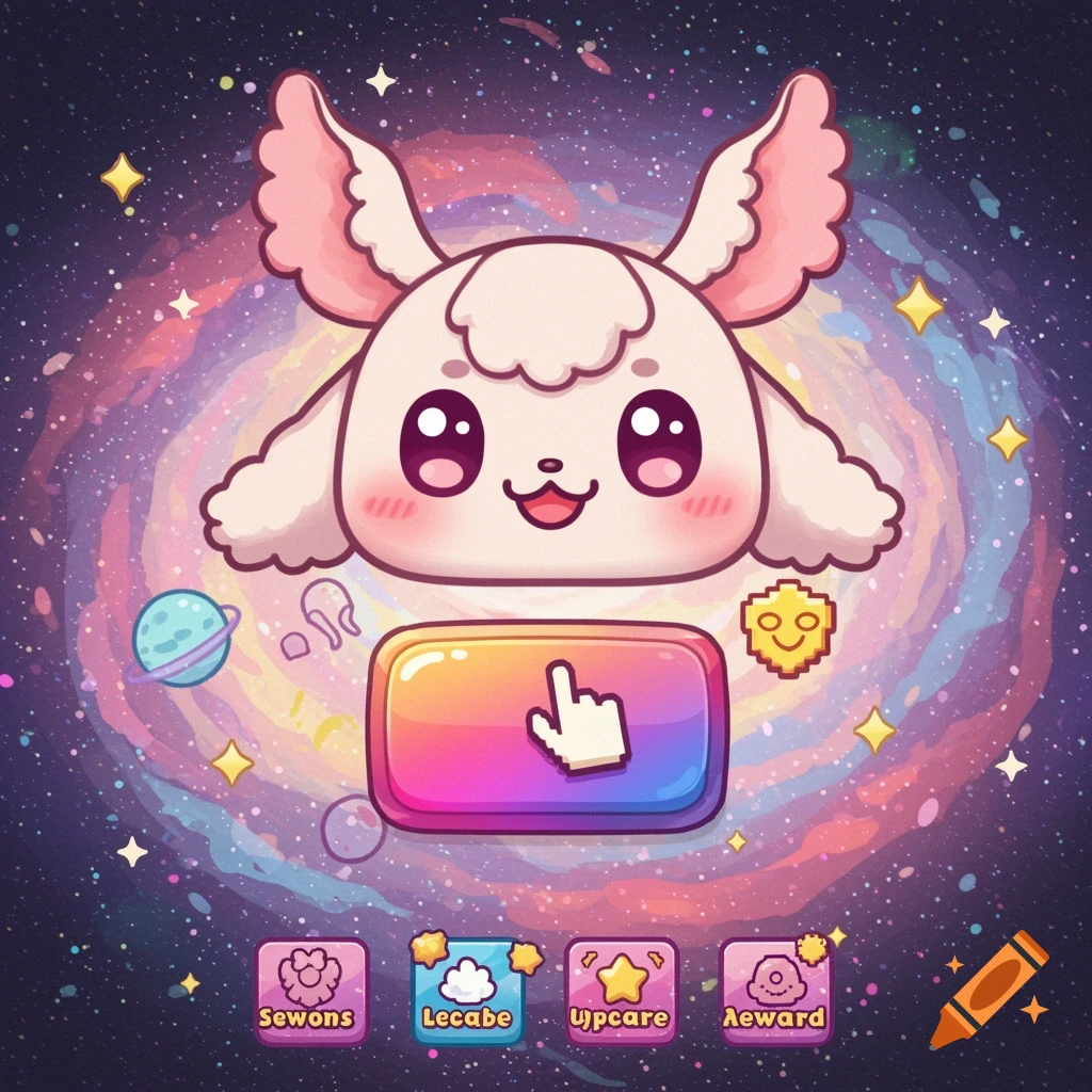 A cute cartoon rabbit-like creature in a colorful galaxy with game interface buttons.