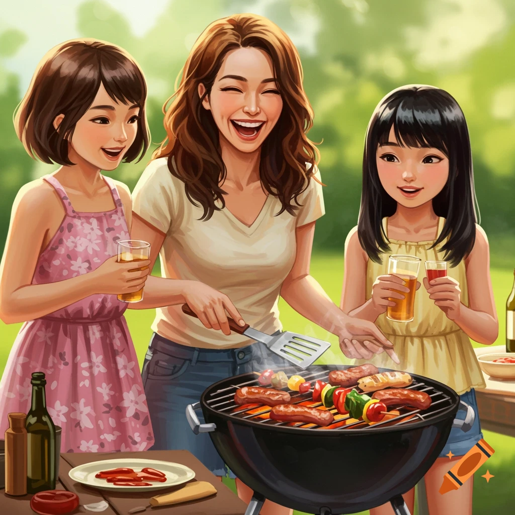 Illustration of a family having a barbecue outdoors.