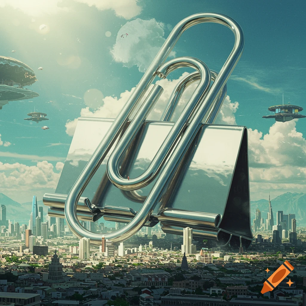 Giant paper clip towering over a futuristic cityscape, hyperrealistic.