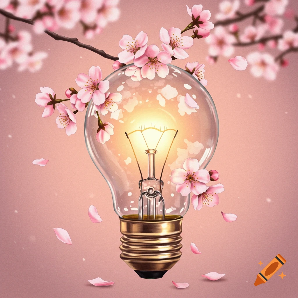 A lightbulb surrounded by pink cherry blossoms and petals against a pink background.