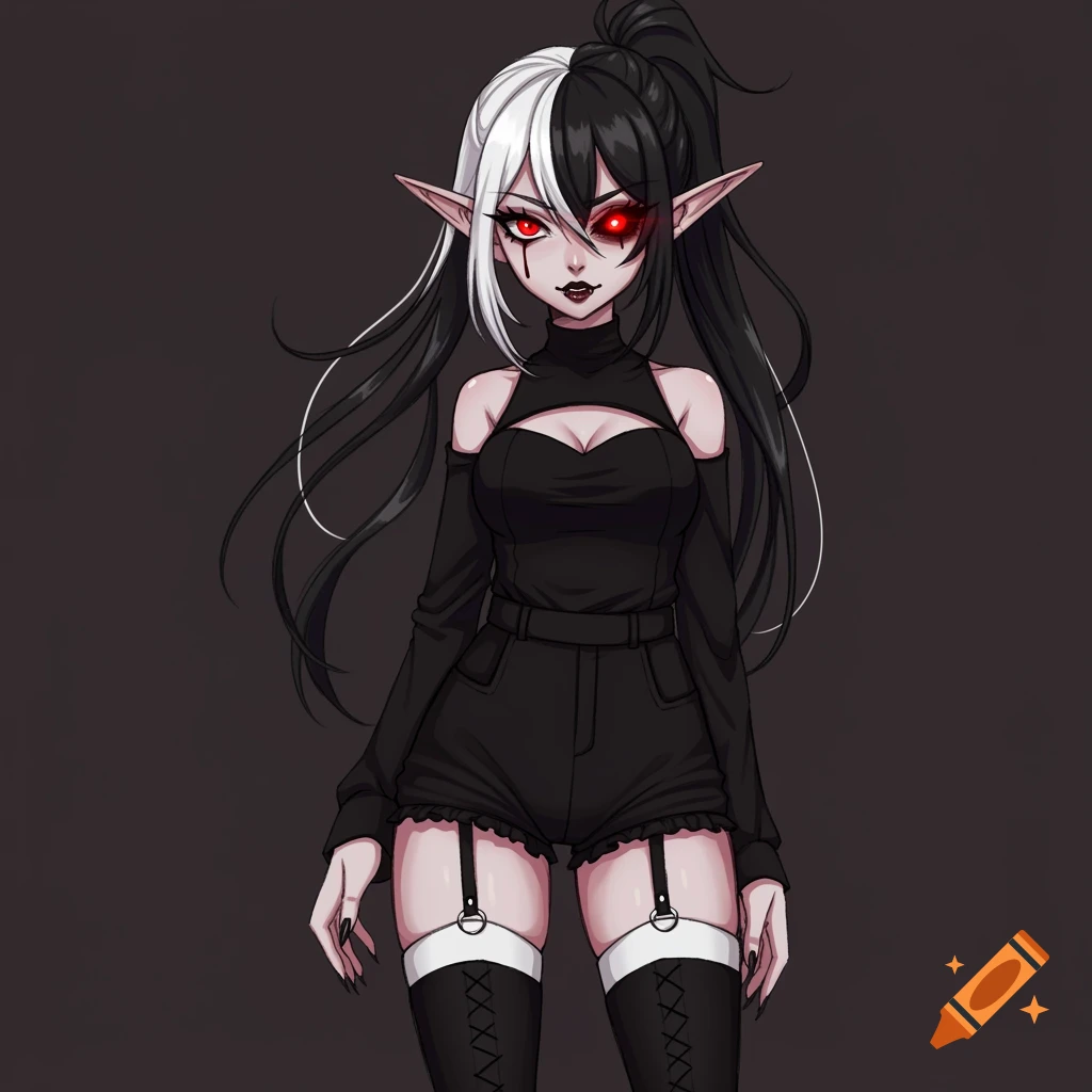 A stylized drawing of an evil elf girl with split black and white hair, red eyes, pointed ears, wearing a black romper and thigh highs.