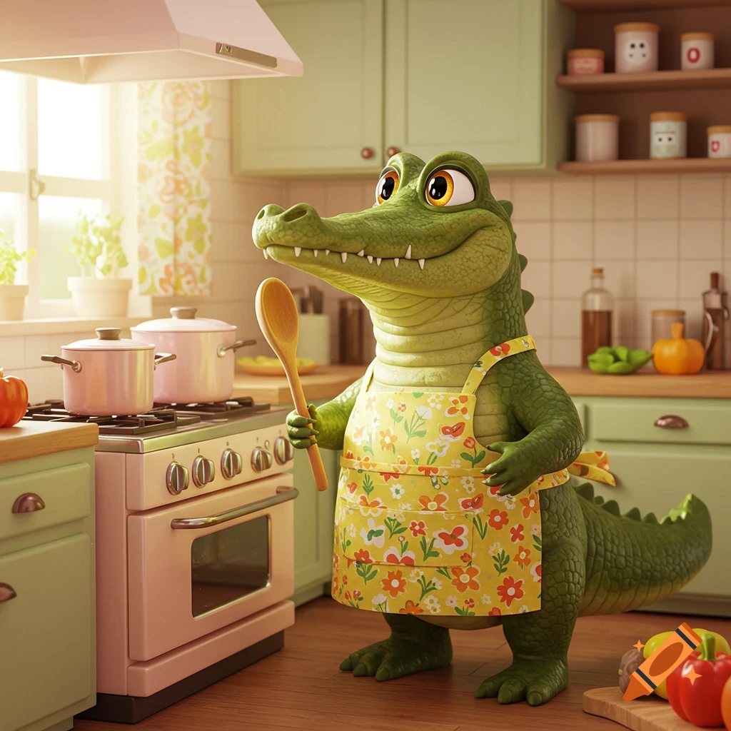A cute cartoon alligator wearing an apron holds a wooden spoon in a kitchen.