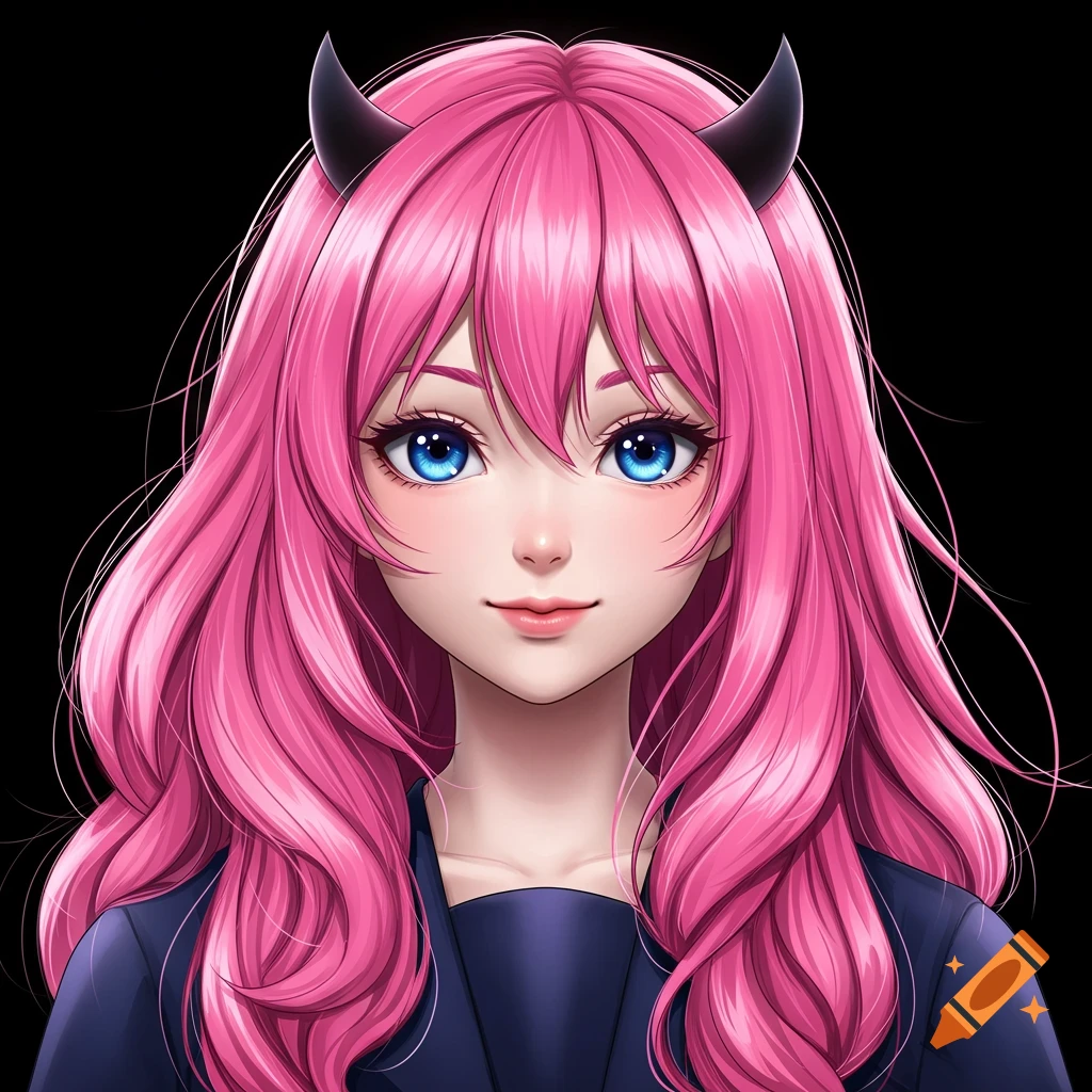 Anime portrait of a girl with pink hair and devil horns.