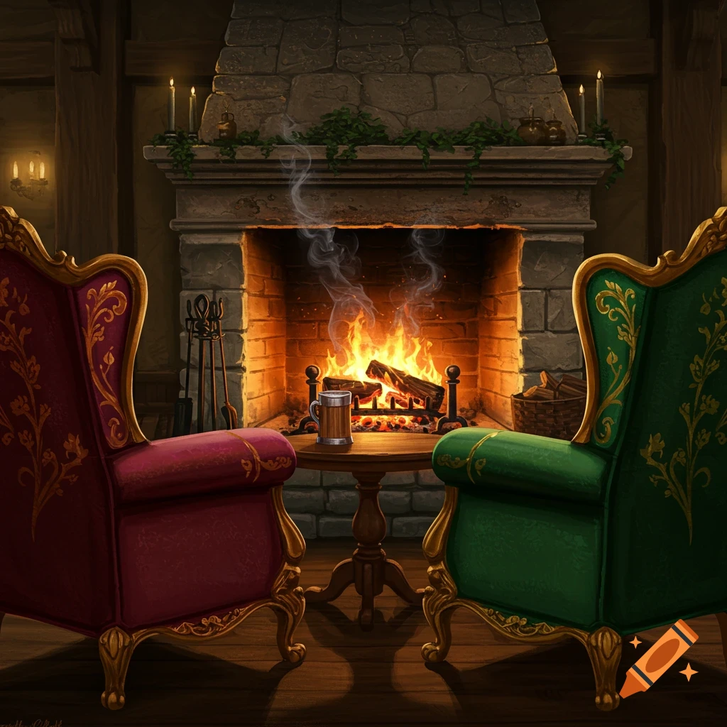 Two cushioned chairs facing a warm fireplace in a tavern setting.