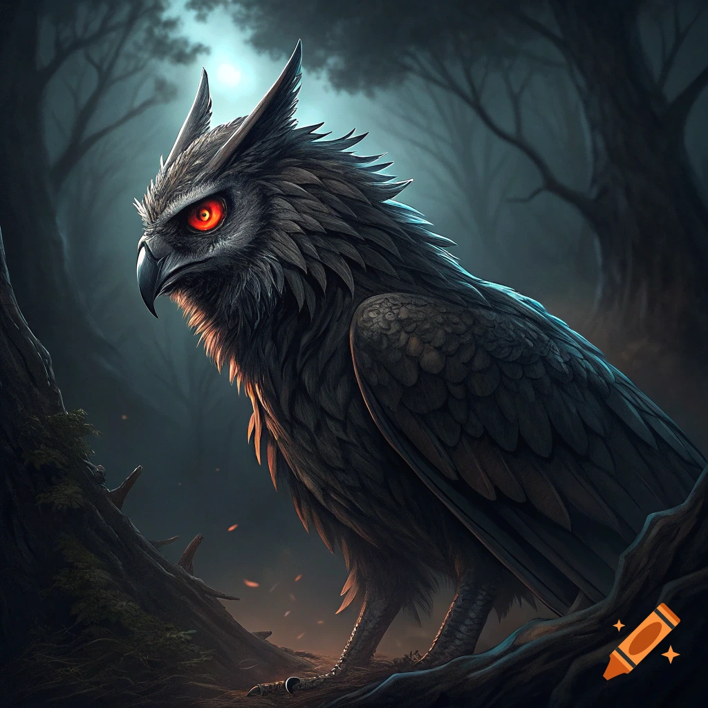 Fantasy creature with glowing red eyes in a dark forest.